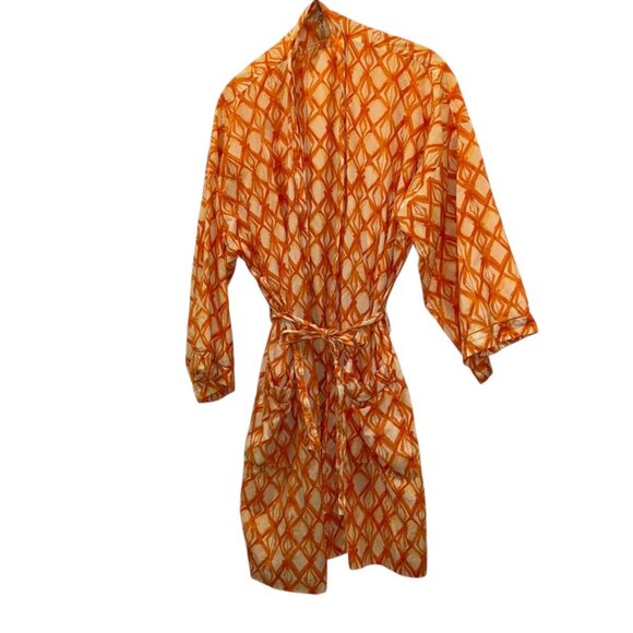 mahogany lightweight cotton Orange Moroccan tile Block Print bathrobe S - Picture 1 of 4